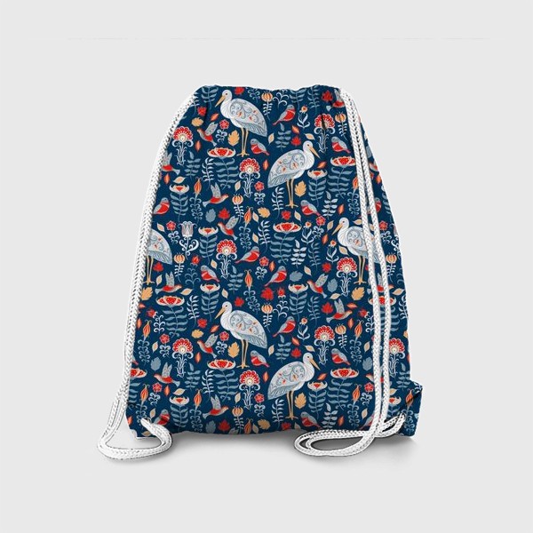 Рюкзак «Декоративный паттерн с аистами, колибри, цветами на синем фоне. »