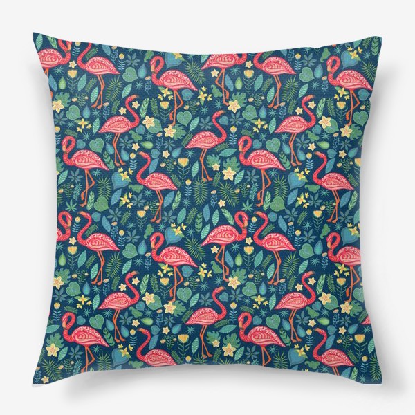 Подушка «Розовые фламинго с орнаментов, тропические цветы и листья на синем фоне»