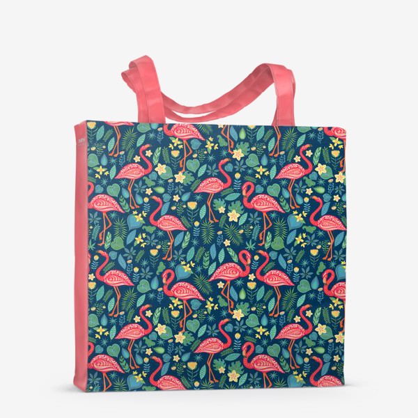 Сумка-шоппер «Розовые фламинго с орнаментов, тропические цветы и листья на синем фоне»