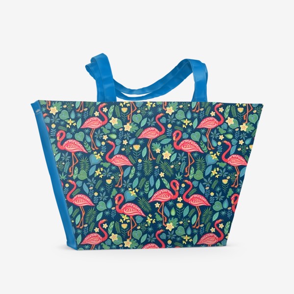 Пляжная сумка &laquo;Розовые фламинго с орнаментов, тропические цветы и листья на синем фоне&raquo;