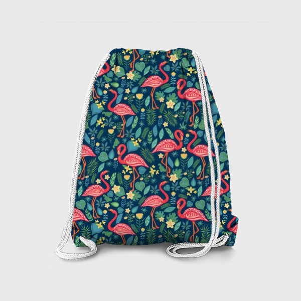Рюкзак «Розовые фламинго с орнаментов, тропические цветы и листья на синем фоне»