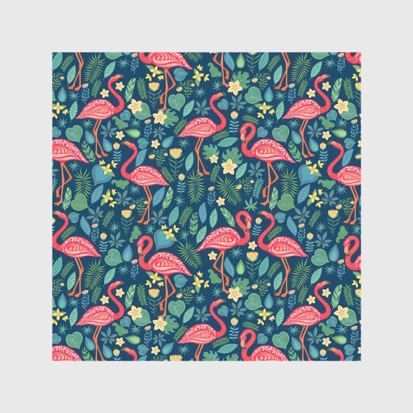 Скатерть «Розовые фламинго с орнаментов, тропические цветы и листья на синем фоне»