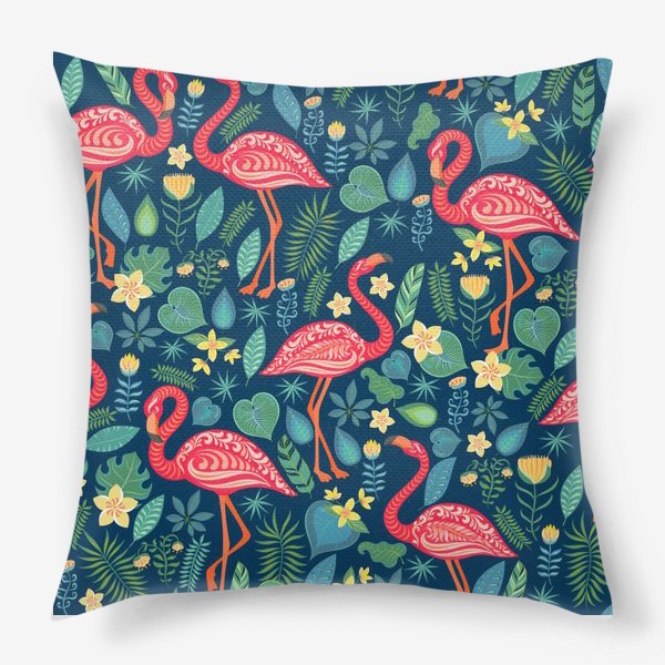 Подушка «Розовые фламинго, тропические цветы и листья на темно-синем фоне.»