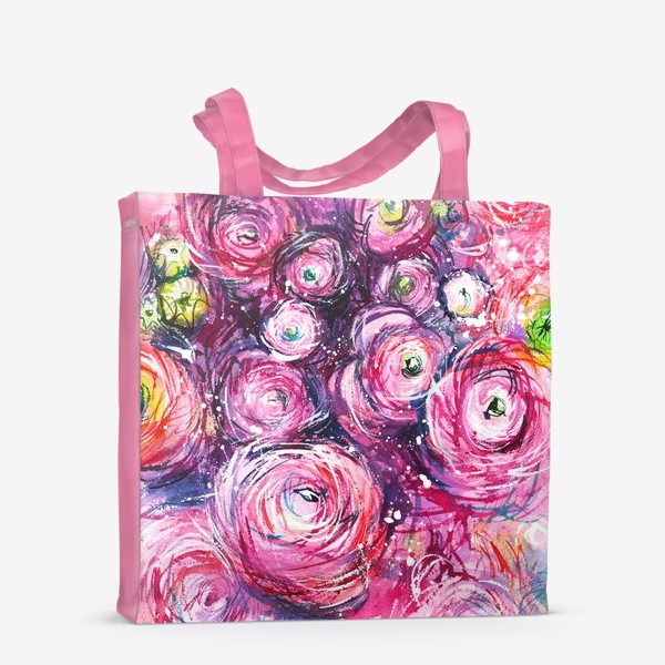 Сумка-шоппер «большой розовый букет лютиков, ранункулюсы, акварельная живопись»