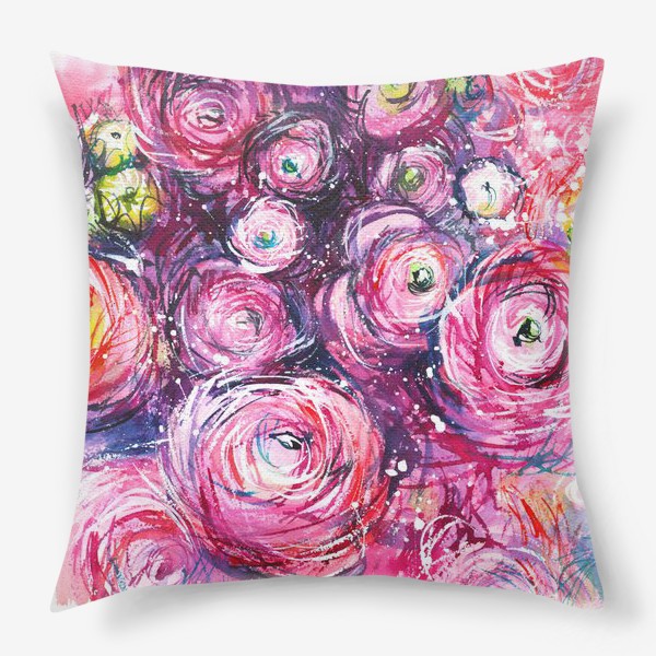 Подушка «большой розовый букет лютиков, ранункулюсы, акварельная живопись»