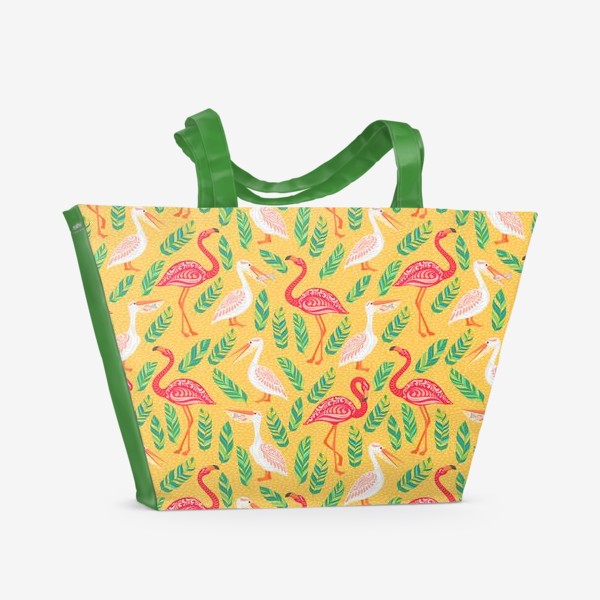 Пляжная сумка &laquo;Пеликаны, фламинго, тропические листья на желтом фоне. &raquo;