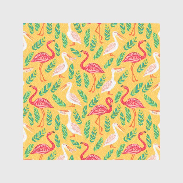 Скатерть &laquo;Пеликаны, фламинго, тропические листья на желтом фоне. &raquo;