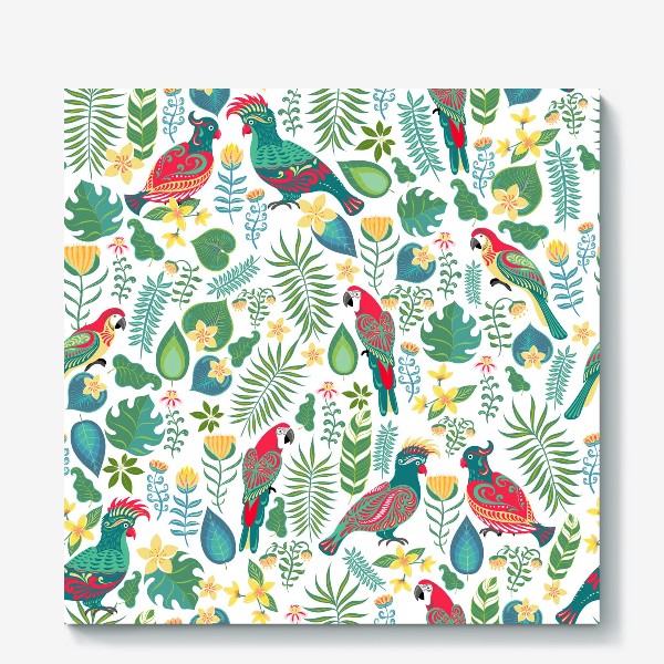 Холст «Разноцветные попугаи с орнаментами на фоне тропических цветов и листьев.»