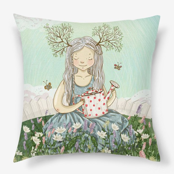 Подушка «Девушка сидит среди цветов в саду с лейкой»