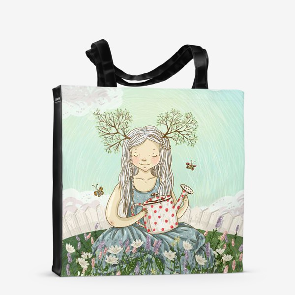 Сумка-шоппер «Девушка сидит среди цветов в саду с лейкой»