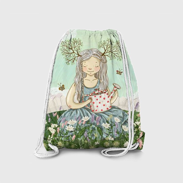 Рюкзак «Девушка сидит среди цветов в саду с лейкой»