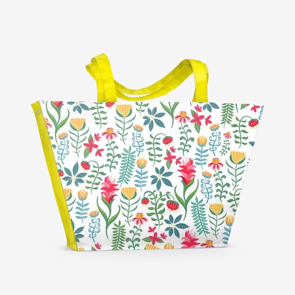 Пляжная сумка &laquo;Тропические цветы и листья на белом фоне. Бесшовный паттерн. &raquo;
