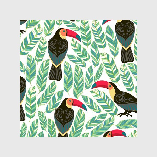 Шторы &laquo;Туканы с орнаментами на фоне тропических листьев. Бесшовный паттерн.&raquo;