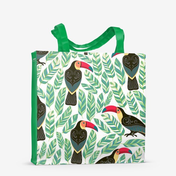 Сумка-шоппер &laquo;Туканы с орнаментами на фоне тропических листьев. Бесшовный паттерн.&raquo;