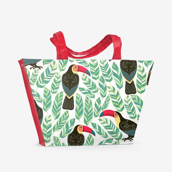 Пляжная сумка &laquo;Туканы с орнаментами на фоне тропических листьев. Бесшовный паттерн.&raquo;