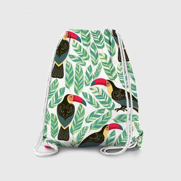 Рюкзак «Туканы с орнаментами на фоне тропических листьев. Бесшовный паттерн.»