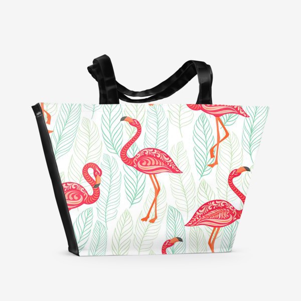 Пляжная сумка &laquo;Розовые фламинго с орнаментами на фоне листьев. Бесшовный паттерн.&raquo;