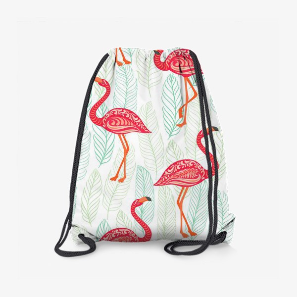 Рюкзак «Розовые фламинго с орнаментами на фоне листьев. Бесшовный паттерн.»