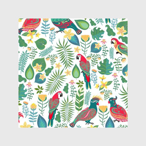 Шторы «Разноцветные попугаи с орнаментами на фоне тропических цветов и листьев.»