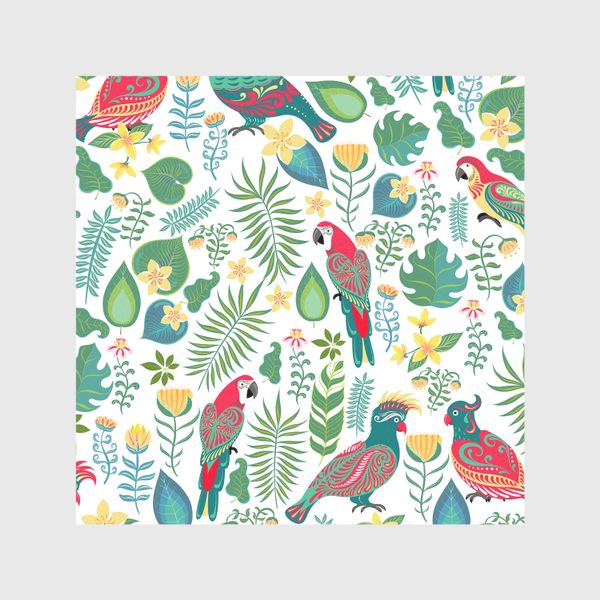 Скатерть &laquo;Разноцветные попугаи с орнаментами на фоне тропических цветов и листьев.&raquo;