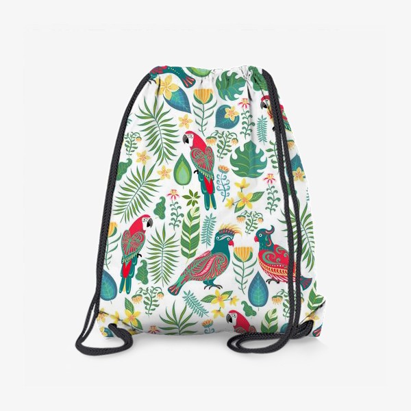 Рюкзак «Разноцветные попугаи с орнаментами на фоне тропических цветов и листьев.»