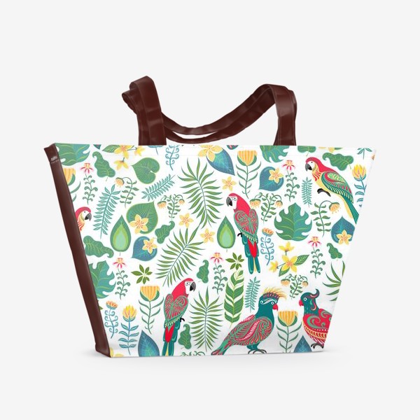 Пляжная сумка «Разноцветные попугаи с орнаментами на фоне тропических цветов и листьев.»
