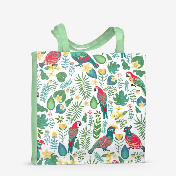 Сумка-шоппер &laquo;Разноцветные попугаи с орнаментами на фоне тропических цветов и листьев.&raquo;