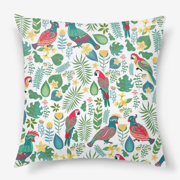 Подушка «Разноцветные попугаи с орнаментами на фоне тропических цветов и листьев.»