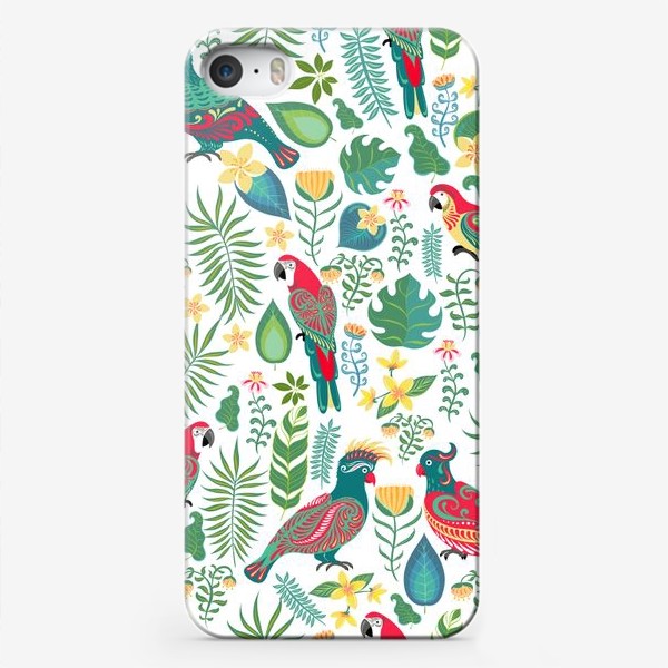 Чехол iPhone «Разноцветные попугаи с орнаментами на фоне тропических цветов и листьев.»