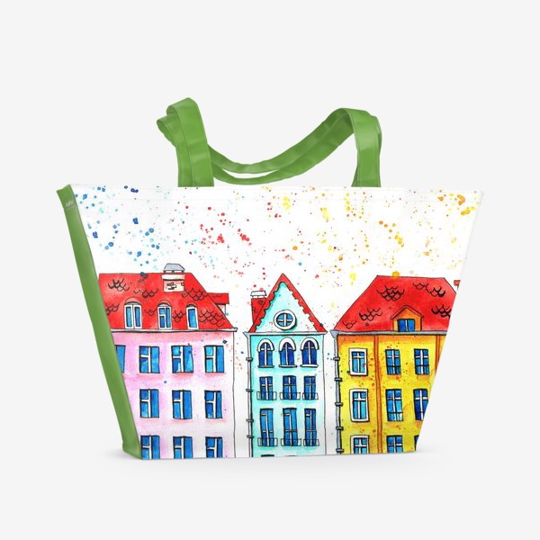 Пляжная сумка &laquo;Акварельные яркие дома с красными крышами и брызгами&raquo;