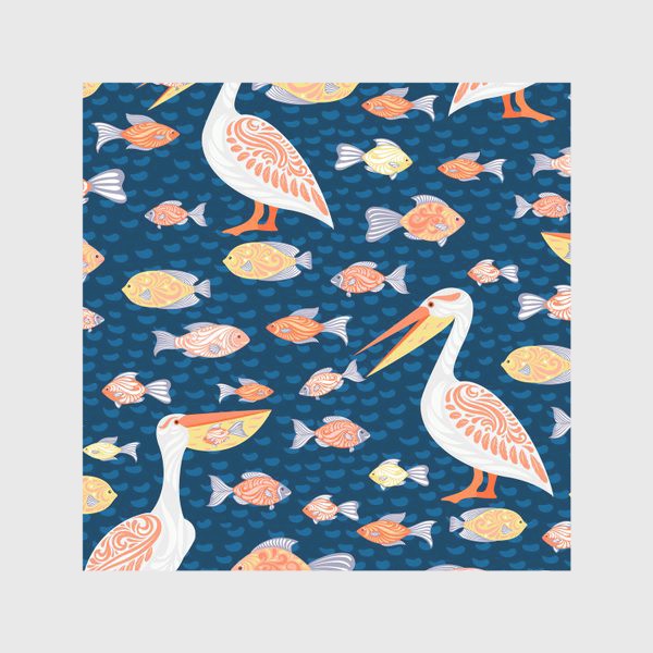 Скатерть «Пеликаны и рыбы на синем морском фоне. »