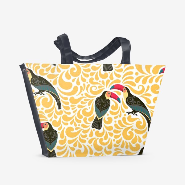 Пляжная сумка &laquo;Туканы с орнаментом на фоне желтых завитков. Бесшовный паттерн.&raquo;