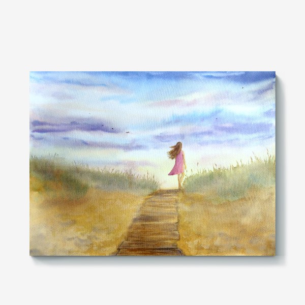Холст &laquo;"Путь к себе". (Девушка идущая по пляжу на фоне заката). Картина акварель. Лето, море, отдых &raquo;