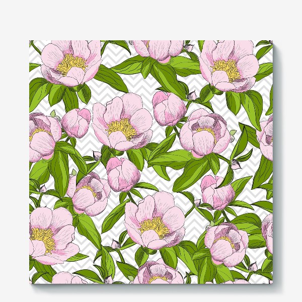 Холст «Розовые пионы с листьями на фоне "зигзаг"»