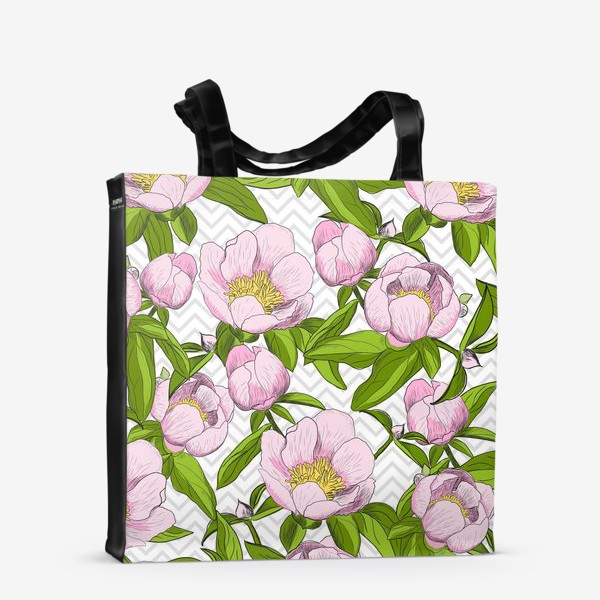 Сумка-шоппер «Розовые пионы с листьями на фоне "зигзаг"»
