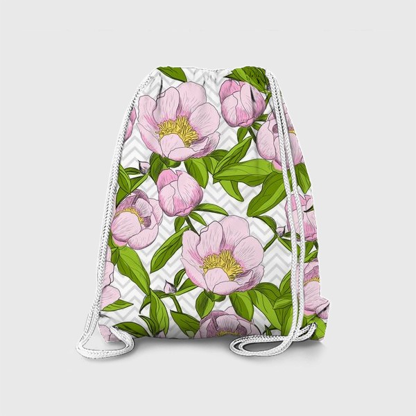 Рюкзак «Розовые пионы с листьями на фоне "зигзаг"»