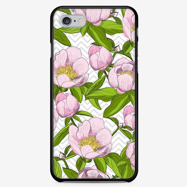 Чехол iPhone «Розовые пионы с листьями на фоне "зигзаг"»