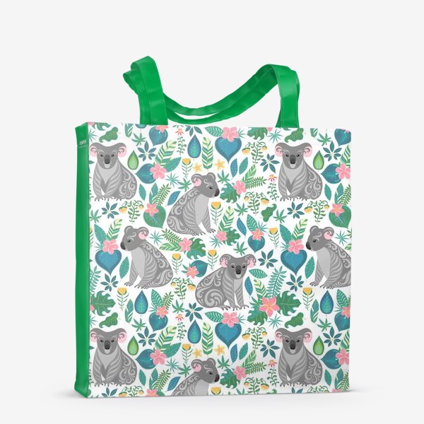 Сумка-шоппер «Коалы с орнаментом на фоне тропических цветов и листьев»
