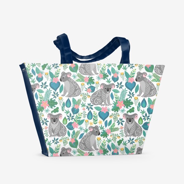 Пляжная сумка «Коалы с орнаментом на фоне тропических цветов и листьев»