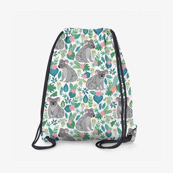 Рюкзак «Коалы с орнаментом на фоне тропических цветов и листьев»