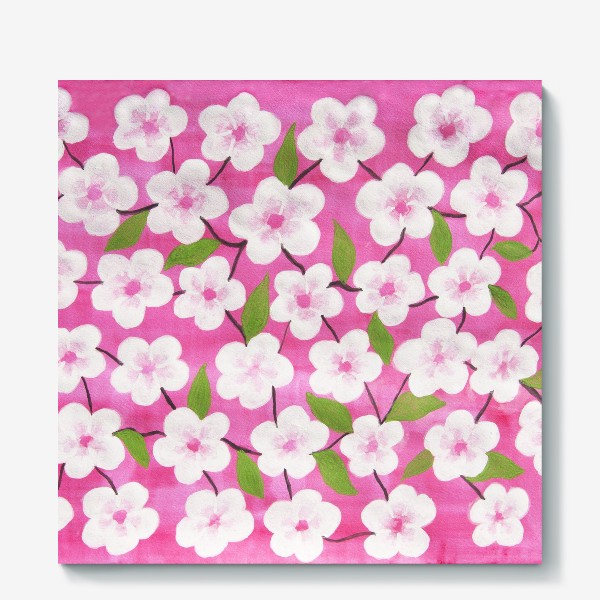 Холст «Белые цветы на розовом фоне, квадратная»