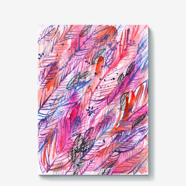 Холст &laquo;розовые и фиолетовые перья, листья, абстрактный акварельный фон&raquo;