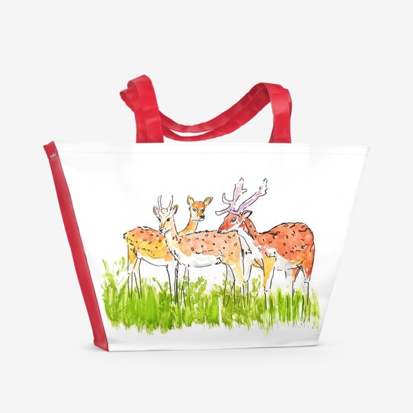 Пляжная сумка «Пятнистые олени, акварельный скетч, животные на белом фоне»