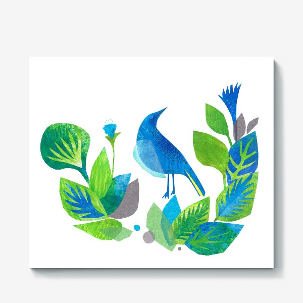 Холст &laquo;Синяя птица среди листьев и цветов&raquo;