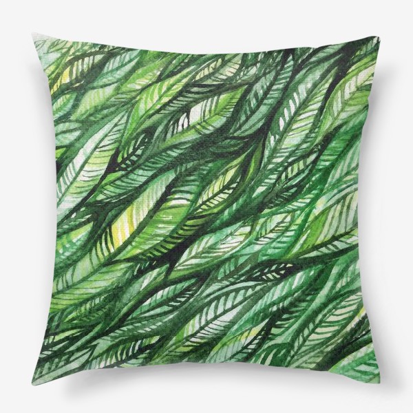 Подушка «узор из зеленых листьев, трава, акварельная живопись»