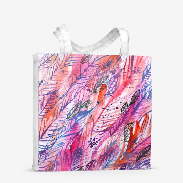 Сумка-шоппер «розовые и фиолетовые перья, листья, абстрактный акварельный фон»