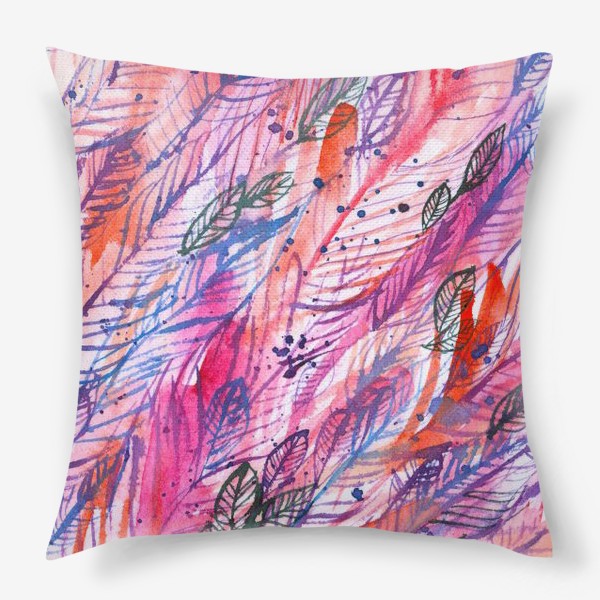 Подушка &laquo;розовые и фиолетовые перья, листья, абстрактный акварельный фон&raquo;