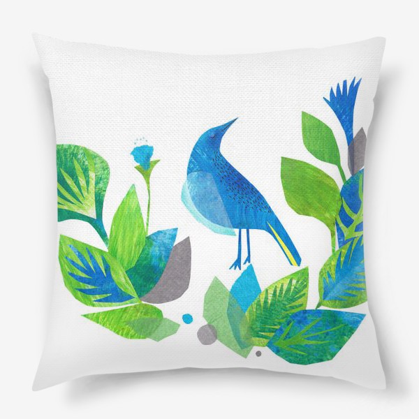 Подушка &laquo;Синяя птица среди листьев и цветов&raquo;