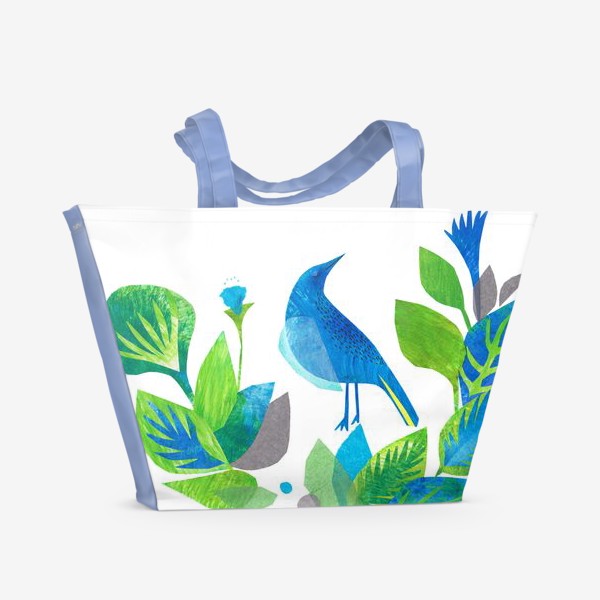 Пляжная сумка &laquo;Синяя птица среди листьев и цветов&raquo;