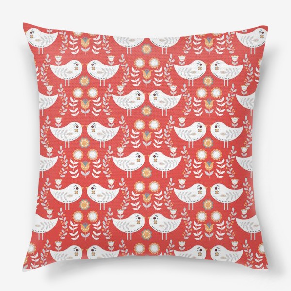 Подушка «Маленькие белые пташки с цветами на красном фоне. Скандинавский стиль.»